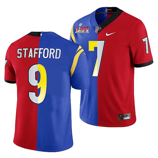 Men's Los Angeles Rams X Georgia Bulldogs #9 Matthew Stafford Red Royal Split Super Bowl LVI Stitched Jersey Men's Los Angeles Rams X Georgia Bulldogs #9 Matthew Stafford Red Royal Split Super Bowl LVI Stitched Jersey