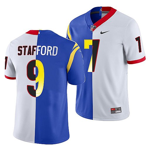 Men's Los Angeles Rams X Georgia Bulldogs #9 Matthew Stafford White Royal Split Stitched Jersey Men's Los Angeles Rams X Georgia Bulldogs #9 Matthew Stafford White Royal Split Stitched Jersey