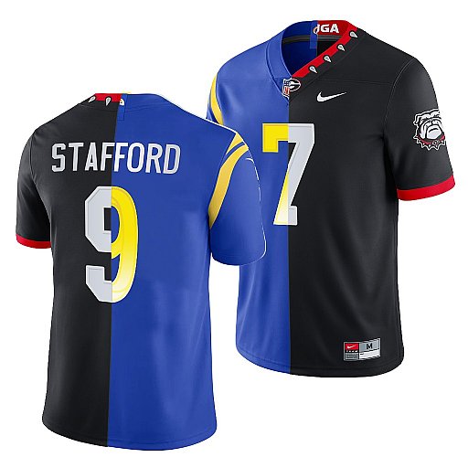 Men's Los Angeles Rams X Georgia Bulldogs #9 Matthew Stafford Black Royal Split Stitched Jersey Men's Los Angeles Rams X Georgia Bulldogs #9 Matthew Stafford Black Royal Split Stitched Jersey
