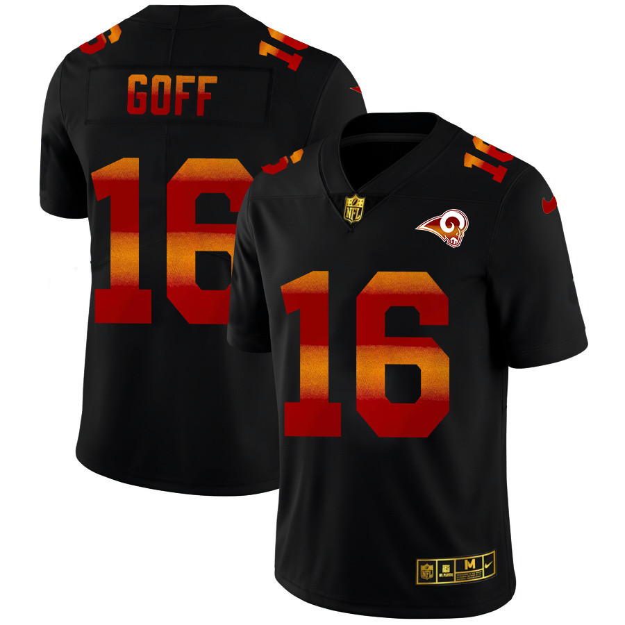 Los Angeles Rams #16 Jared Goff Men's Black Nike Red Orange Stripe Vapor Limited NFL Jersey Los Angeles Rams #16 Jared Goff Men's Black Nike Red Orange Stripe Vapor Limited NFL Jersey