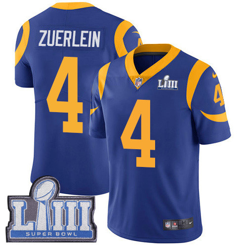 Nike Rams #4 Greg Zuerlein Royal Blue Alternate Super Bowl LIII Bound Men's Stitched NFL Vapor Untouchable Limited Jersey Nike Rams #4 Greg Zuerlein Royal Blue Alternate Super Bowl LIII Bound Men's Stitched NFL Vapor Untouchable Limited Jersey