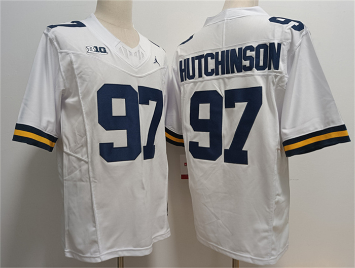 Men's Michigan Wolverines #97 Aidan Hutchinson White Stitched Jersey Men's Michigan Wolverines #97 Aidan Hutchinson White Stitched Jersey