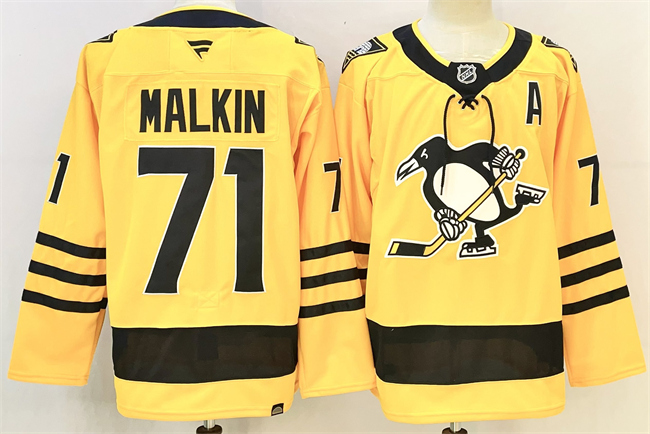 Men's Pittsburgh Penguins #71 Evgeni Malkin Gold 2025 26 With A Patch Alternate Stitched Hockey Jersey
