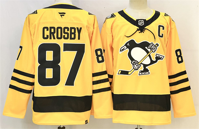 Men's Pittsburgh Penguins #87 Sidney Crosby Gold 2025 26 With C Patch Alternate Stitched Hockey Jersey Men's Pittsburgh Penguins #87 Sidney Crosby Gold 2025 26 With C Patch Alternate Stitched Hockey Jersey