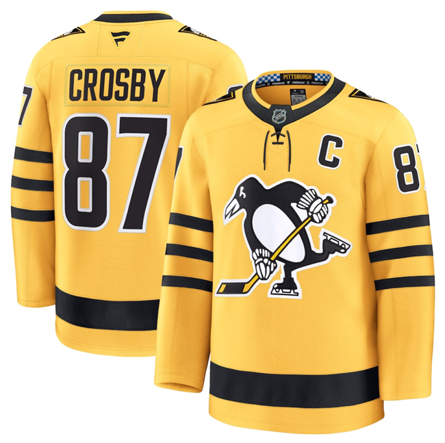 Men's Pittsburgh Penguins #87 Sidney Crosby Gold 2025 Alternate Stitched Hockey Jersey Men's Pittsburgh Penguins #87 Sidney Crosby Gold 2025 Alternate Stitched Hockey Jersey