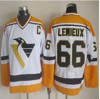 Pittsburgh Penguins #66 Mario Lemieux White Yellow CCM Throwback Stitched NHL Jersey
