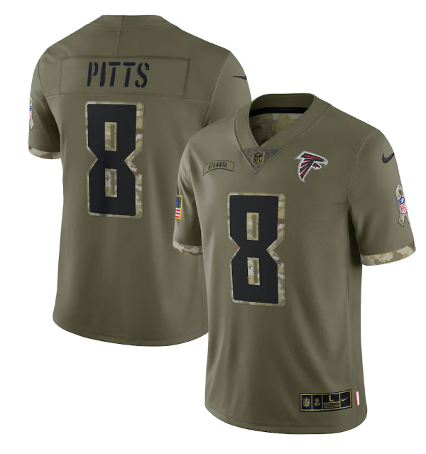 Men's Atlanta Falcons #8 Kyle Pitts Olive 2022 Salute To Service Limited Stitched Jersey Men's Atlanta Falcons #8 Kyle Pitts Olive 2022 Salute To Service Limited Stitched Jersey