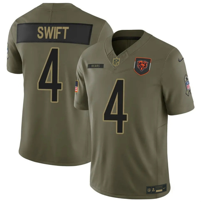 Men's Chicago Bears #4 D'Andre Swift Olive 2025 F.U.S.E. Salute to Service Limited Stitched Football Jersey Men's Chicago Bears #4 D'Andre Swift Olive 2025 F.U.S.E. Salute to Service Limited Stitched Football Jersey