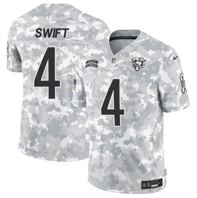 Men's Chicago Bears #4 D'Andre Swift 2024 F.U.S.E Arctic Camo Salute To Service Limited Stitched Football Jersey Men's Chicago Bears #4 D'Andre Swift 2024 F.U.S.E Arctic Camo Salute To Service Limited Stitched Football Jersey