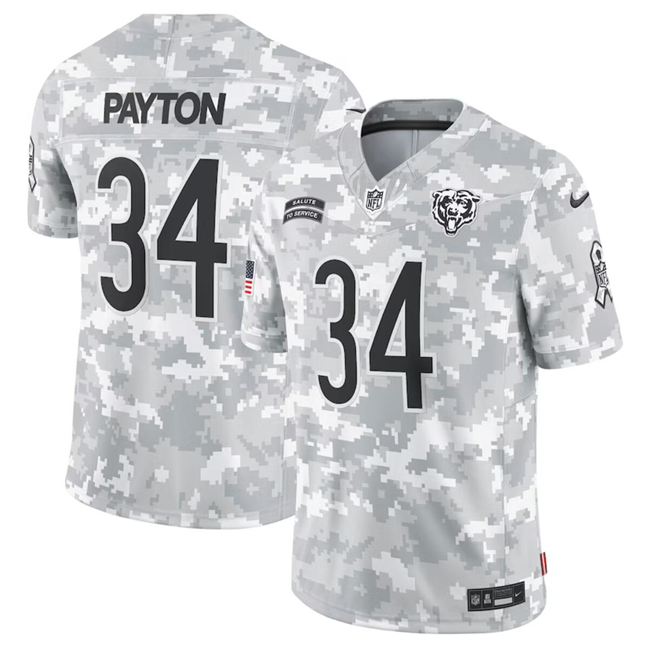 Men's Chicago Bears #34 Walter Payton 2024 Arctic Camo Salute To Service Limited Stitched Football Jersey Men's Chicago Bears #34 Walter Payton 2024 Arctic Camo Salute To Service Limited Stitched Football Jersey
