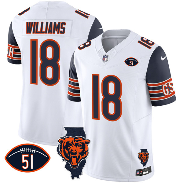 Men's Chicago Bears #18 Caleb Williams White Navy F.U.S.E. With Illinois And No. 51 Patch Stitched Football Jersey Men's Chicago Bears #18 Caleb Williams White Navy F.U.S.E. With Illinois And No. 51 Patch Stitched Football Jersey