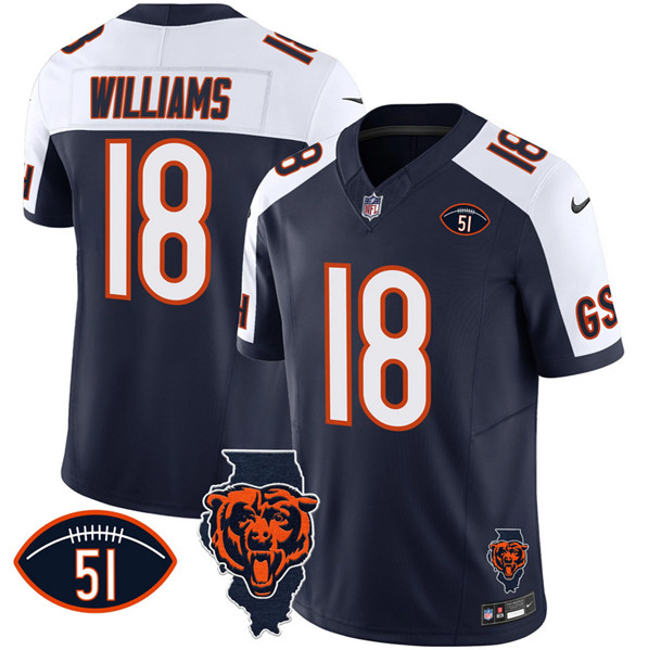 Men's Chicago Bears #18 Caleb Williams Navy White F.U.S.E. With Illinois And No. 51 Patch Stitched Football Jersey Men's Chicago Bears #18 Caleb Williams Navy White F.U.S.E. With Illinois And No. 51 Patch Stitched Football Jersey