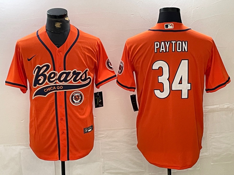 Men's Chicago Bears #34 Walter Payton Orange With Patch Cool Base Stitched Baseball Jersey 1 Men's Chicago Bears #34 Walter Payton Orange With Patch Cool Base Stitched Baseball Jersey 1
