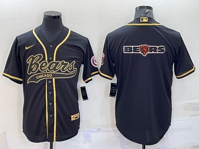 Men's Chicago Bears Black Gold Team Big Logo With Patch Cool Base Stitched Baseball Jersey Men's Chicago Bears Black Gold Team Big Logo With Patch Cool Base Stitched Baseball Jersey
