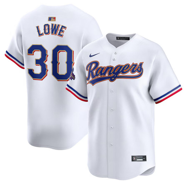 Men's Texas Rangers #30 Nathaniel Lowe White 2024 Gold Collection Cool Base Stitched Baseball Jersey Men's Texas Rangers #30 Nathaniel Lowe White 2024 Gold Collection Cool Base Stitched Baseball Jersey