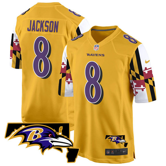 Men's Baltimore Ravens #8 Lamar Jackson Gold 2025 Maryland Flag Vapor Limited Football Game Jersey Men's Baltimore Ravens #8 Lamar Jackson Gold 2025 Maryland Flag Vapor Limited Football Game Jersey