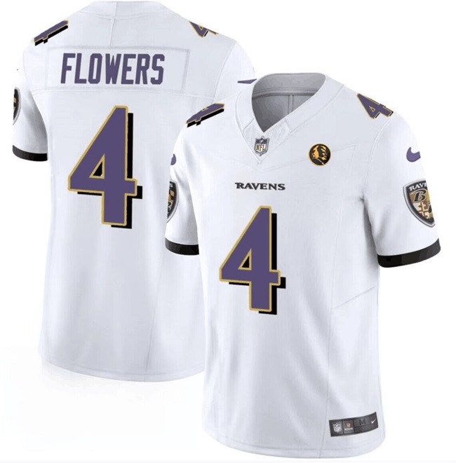 Men's Baltimore Ravens #4 Zay Flowers White 2023 F.U.S.E. With John Madden Patch Vapor Limited Football Jersey Men's Baltimore Ravens #4 Zay Flowers White 2023 F.U.S.E. With John Madden Patch Vapor Limited Football Jersey