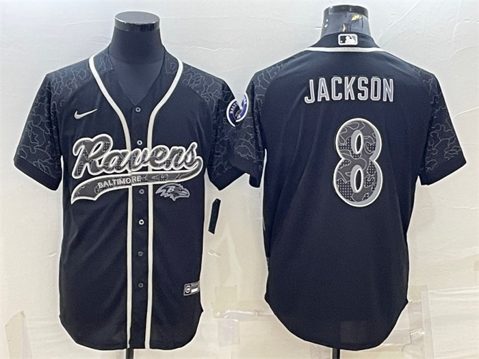 Men's Baltimore Ravens #8 Lamar Jackson Black Reflective With Patch Cool Base Stitched Baseball Jersey Men's Baltimore Ravens #8 Lamar Jackson Black Reflective With Patch Cool Base Stitched Baseball Jersey