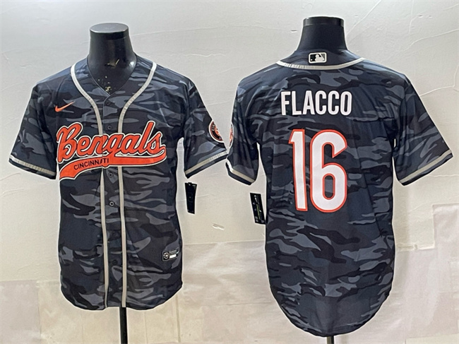 Men's Cincinnati Bengals #16 Joe Flacco Grey Camo With Patch Cool Base Stitched Baseball Jersey Men's Cincinnati Bengals #16 Joe Flacco Grey Camo With Patch Cool Base Stitched Baseball Jersey