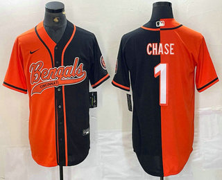 Men's Cincinnati Bengals #1 JaMarr Chase Orange Black Two Tone Cool Base Stitched Baseball Jersey Men's Cincinnati Bengals #1 JaMarr Chase Orange Black Two Tone Cool Base Stitched Baseball Jersey