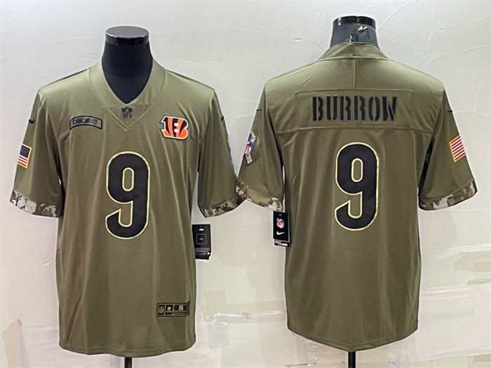 Men's Cincinnati Bengals #9 Joe Burrow Olive 2022 Salute To Service Limited Stitched Jersey Men's Cincinnati Bengals #9 Joe Burrow Olive 2022 Salute To Service Limited Stitched Jersey