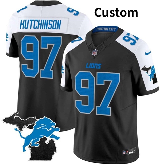 Custom Men's Detroit Lions Black White F.U.S.E. 2024 Michigan Patch Vapor Limited Stitched Jersey