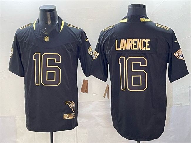 Men's Jacksonville Jaguars #16 Trevor Lawrence Black Gold 2025 F.U.S.E. With Patch Vapor Untouchable Limited Stitched Jersey Men's Jacksonville Jaguars #16 Trevor Lawrence Black Gold 2025 F.U.S.E. With Patch Vapor Untouchable Limited Stitched Jersey