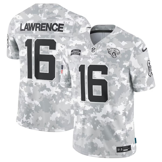 Men's Jacksonville Jaguars #16 Trevor Lawrence 2024 Arctic Camo Salute To Service Limited Stitched Football Jersey Men's Jacksonville Jaguars #16 Trevor Lawrence 2024 Arctic Camo Salute To Service Limited Stitched Football Jersey