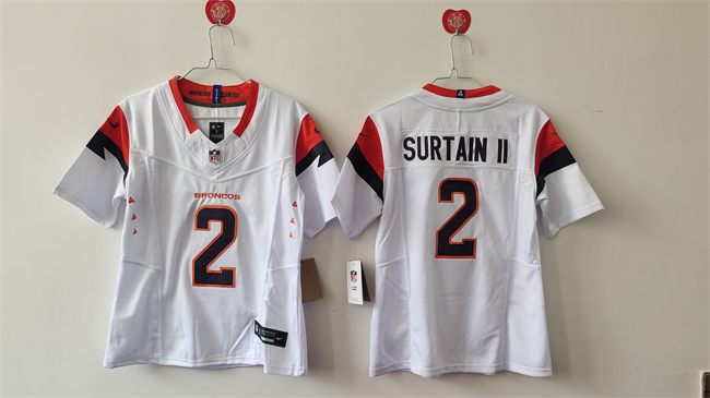 Women's Denver Broncos #2 Pat Surtain II White 2024 F.U.S.E Stitched Jersey(Run Small) Women's Denver Broncos #2 Pat Surtain II White 2024 F.U.S.E Stitched Jersey(Run Small)