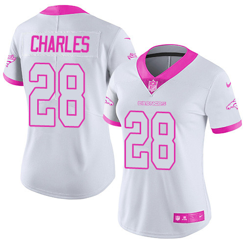 Nike Broncos #28 Jamaal Charles White Pink Women's Stitched NFL Limited Rush Fashion Jersey