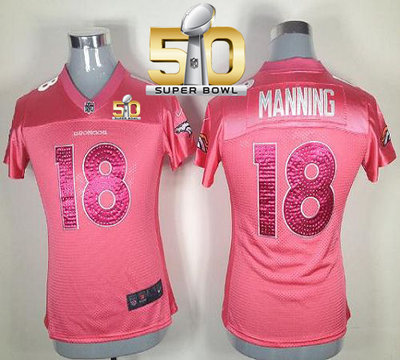 Nike Broncos #18 Peyton Manning Pink Sweetheart Super Bowl 50 Women's Stitched NFL Elite Jersey