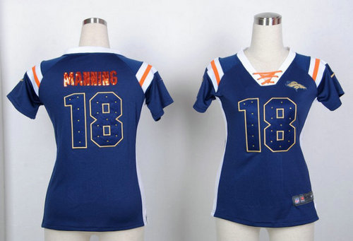 Denver Broncos 18 Peyton Manning Women's Draft Him Shimmer V-Neck T-Shirt - Navy Blue
