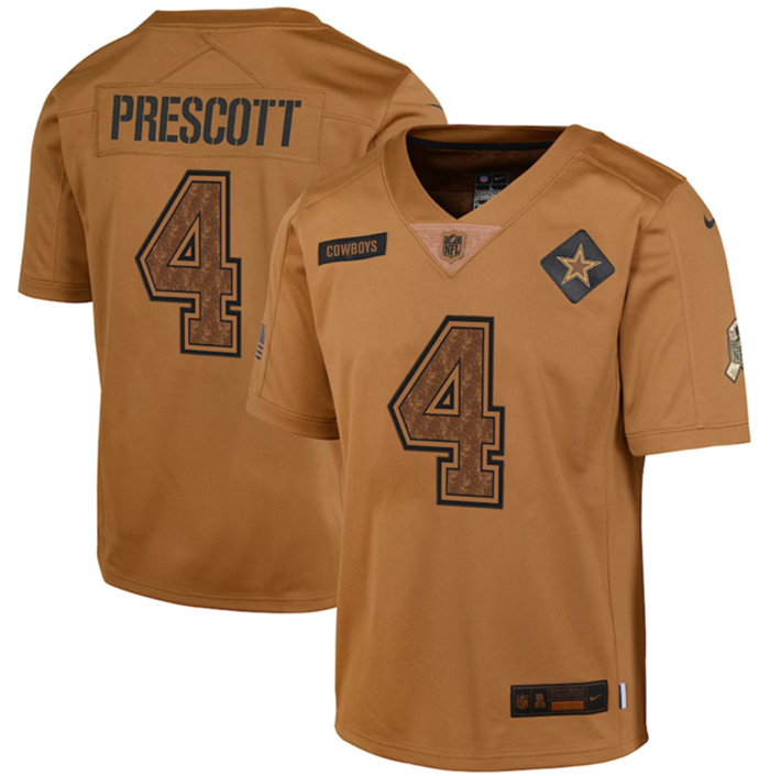 Youth Dallas Cowboys #4 Dak Prescott 2023 Brown Salute To Service Limited Stitched Football Jersey Youth Dallas Cowboys #4 Dak Prescott 2023 Brown Salute To Service Limited Stitched Football Jersey