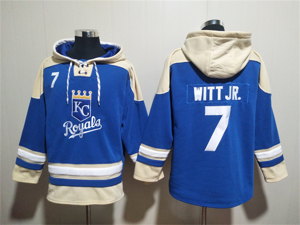 Men's Kansas City Royals #7 Bobby Witt Jr. Blue Ageless Must-Have Lace-Up Pullover Hoodie Men's Kansas City Royals #7 Bobby Witt Jr. Blue Ageless Must-Have Lace-Up Pullover Hoodie