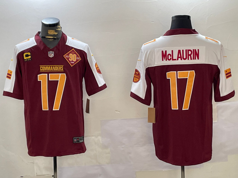 Men's Washington Commanders #17 Terry McLaurin Red White 2023 F.U.S.E. With 4-Star C Patch 90th Anniversary Vapor Limited Stitched Football Jersey Men's Washington Commanders #17 Terry McLaurin Red White 2023 F.U.S.E. With 4-Star C Patch 90th Anniversary Vapor Limited Stitched Football Jersey