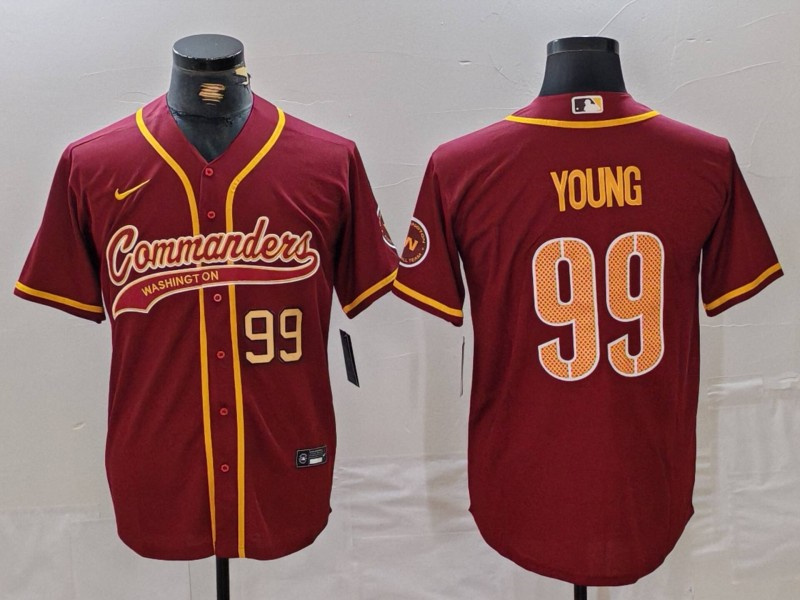 Men's Washington Commanders #99 Chase Young Burgundy With Patch Cool Base Stitched Baseball Jersey 4 Men's Washington Commanders #99 Chase Young Burgundy With Patch Cool Base Stitched Baseball Jersey 4