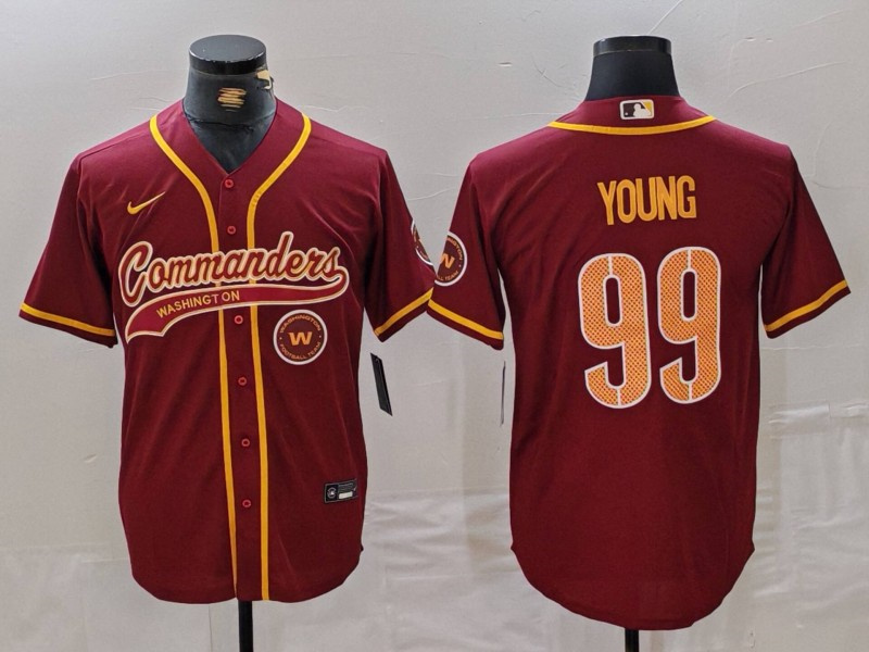 Men's Washington Commanders #99 Chase Young Burgundy With Patch Cool Base Stitched Baseball Jersey 2 Men's Washington Commanders #99 Chase Young Burgundy With Patch Cool Base Stitched Baseball Jersey 2