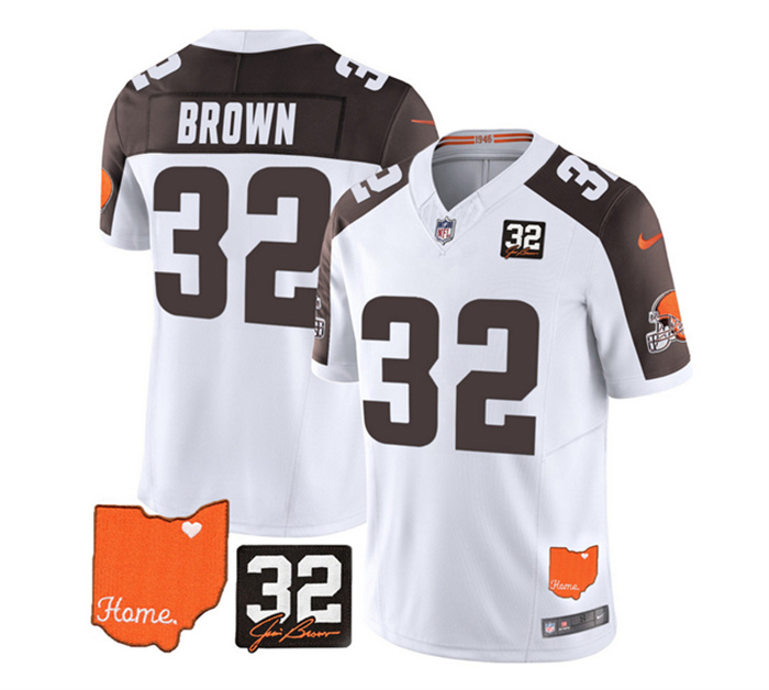 Custom Men's Cleveland Browns White Brown 2023 F.U.S.E. With Jim Brown Memorial Patch Vapor Untouchable Limited Stitched Jersey