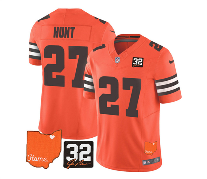 Custom Men's Cleveland Browns Orange 2023 F.U.S.E. With Jim Brown Memorial Patch Vapor Untouchable Limited Stitched Jersey