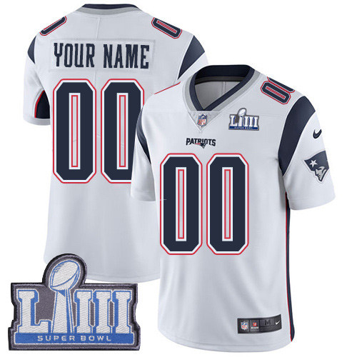 Men's Customized New England Patriots Vapor Untouchable Super Bowl LIII Bound Limited White Nike NFL Road Jersey Men's Customized New England Patriots Vapor Untouchable Super Bowl LIII Bound Limited White Nike NFL Road Jersey