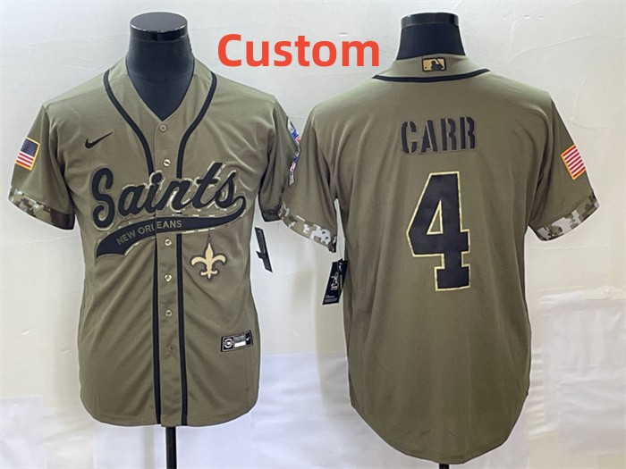 Custom Men New Orleans Saints #4 Derek Carr Olive Salute To Service Baseball Jersey
