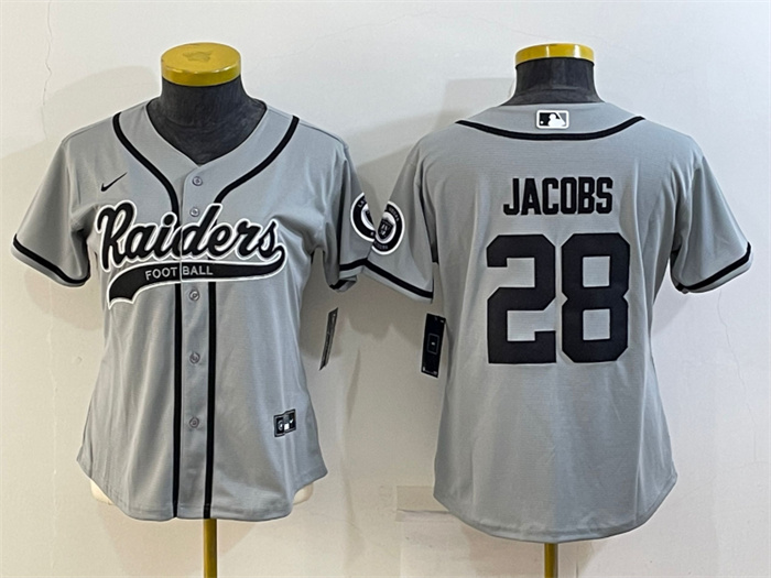 Women's Las Vegas Raiders #28 Josh Jacobs Grey With Patch Cool Base Stitched Baseball Jersey(Run Small) Women's Las Vegas Raiders #28 Josh Jacobs Grey With Patch Cool Base Stitched Baseball Jersey(Run Small)