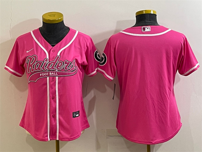 Women's Las Vegas Raiders Blank Pink With Patch Cool Base Stitched Baseball Jersey(Run Small) Women's Las Vegas Raiders Blank Pink With Patch Cool Base Stitched Baseball Jersey(Run Small)