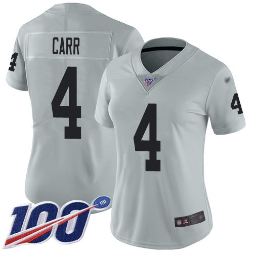 Raiders #4 Derek Carr Silver Women's Stitched Football Limited Inverted Legend 100th Season Jersey Raiders #4 Derek Carr Silver Women's Stitched Football Limited Inverted Legend 100th Season Jersey