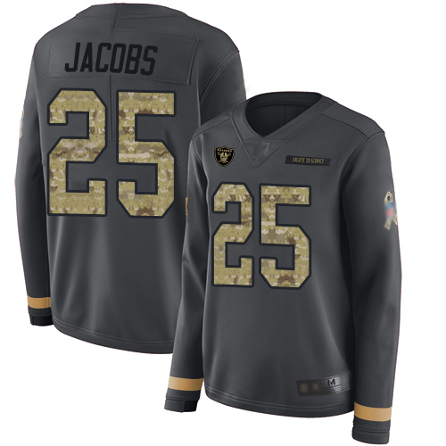 Raiders #25 Josh Jacobs Anthracite Salute to Service Women's Stitched Football Limited Therma Long Sleeve Jersey Raiders #25 Josh Jacobs Anthracite Salute to Service Women's Stitched Football Limited Therma Long Sleeve Jersey