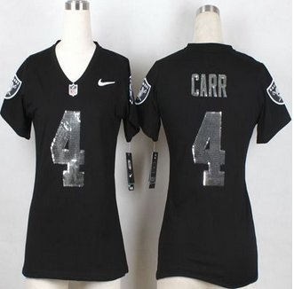 Women NEW Oakland Raiders #4 Derek Carr Black Team Color Stitched NFL Elite Handwork Sequin Lettering Jersey