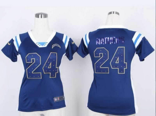 San Diego Chargers 24# Ryan Mathews Womens Draft Him Shimmer V-Neck T-Shirt - Navy Blue