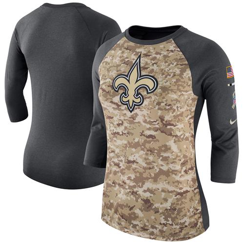 nfl-T-shirts-1879Women's New Orleans Saints Nike Camo Charcoal Salute to Service Legend Three-Quarter Raglan Sleeve T-Shirt