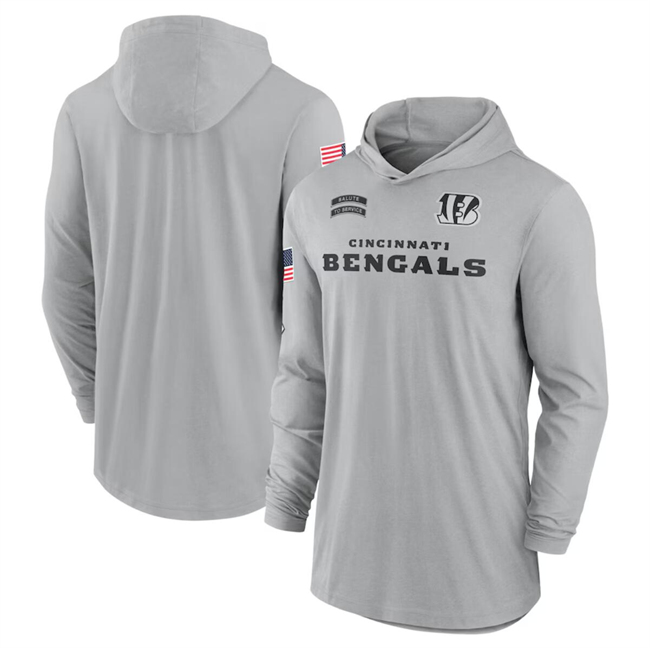 Men's Cincinnati Bengals 2024 Gray Salute To Service Lightweight Performance Long Sleeve Hooded T-Shirt