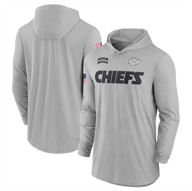 Men's Kansas City Chiefs 2024 Gray Salute To Service Lightweight Performance Long Sleeve Hooded T-Shirt Men's Kansas City Chiefs 2024 Gray Salute To Service Lightweight Performance Long Sleeve Hooded T-Shirt